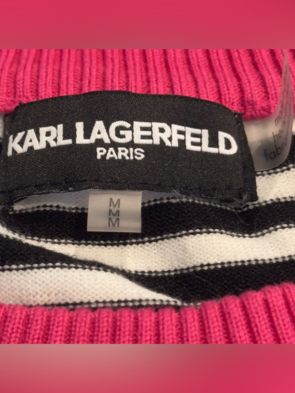 Karl Lagerfeld Black & White Striped Knit Top with Hot Pink Trim - Picture 3 of 4